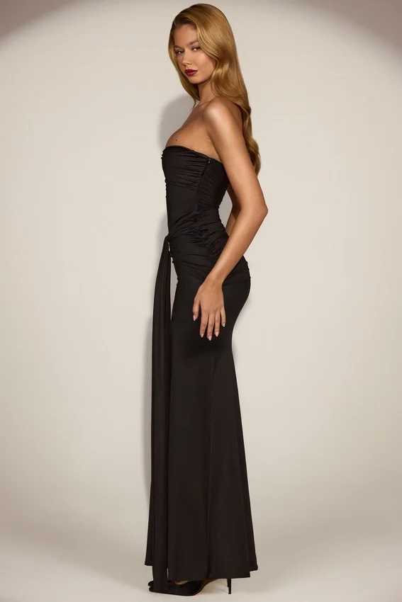Aisra Satin Peekaboo Bandeau Draped Gown in Black Aisra Satin Peekaboo Bandeau Draped Gown in Black