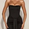 Aisra Satin Peekaboo Bandeau Draped Gown in Black Aisra Satin Peekaboo Bandeau Draped Gown in Black