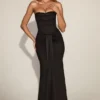 Aisra Satin Peekaboo Bandeau Draped Gown in Black Aisra Satin Peekaboo Bandeau Draped Gown in Black