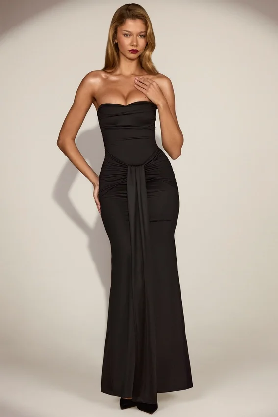 Aisra Satin Peekaboo Bandeau Draped Gown in Black Aisra Satin Peekaboo Bandeau Draped Gown in Black