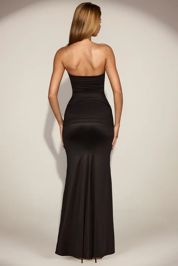 Aisra Satin Peekaboo Bandeau Draped Gown in Black Aisra Satin Peekaboo Bandeau Draped Gown in Black
