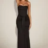 Aisra Satin Peekaboo Bandeau Draped Gown in Black Aisra Satin Peekaboo Bandeau Draped Gown in Black