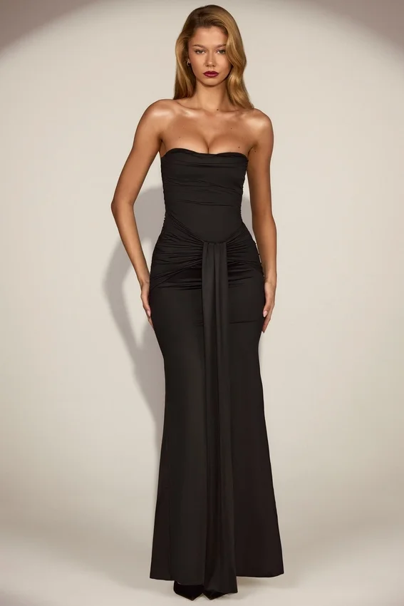Aisra Satin Peekaboo Bandeau Draped Gown in Black Aisra Satin Peekaboo Bandeau Draped Gown in Black