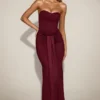 Aisra Satin Peekaboo Bandeau Draped Gown in Wine Red Aisra Satin Peekaboo Bandeau Draped Gown in Wine Red