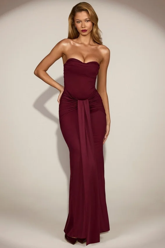 Aisra Satin Peekaboo Bandeau Draped Gown in Wine Red Aisra Satin Peekaboo Bandeau Draped Gown in Wine Red
