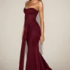 Aisra Satin Peekaboo Bandeau Draped Gown in Wine Red Aisra Satin Peekaboo Bandeau Draped Gown in Wine Red