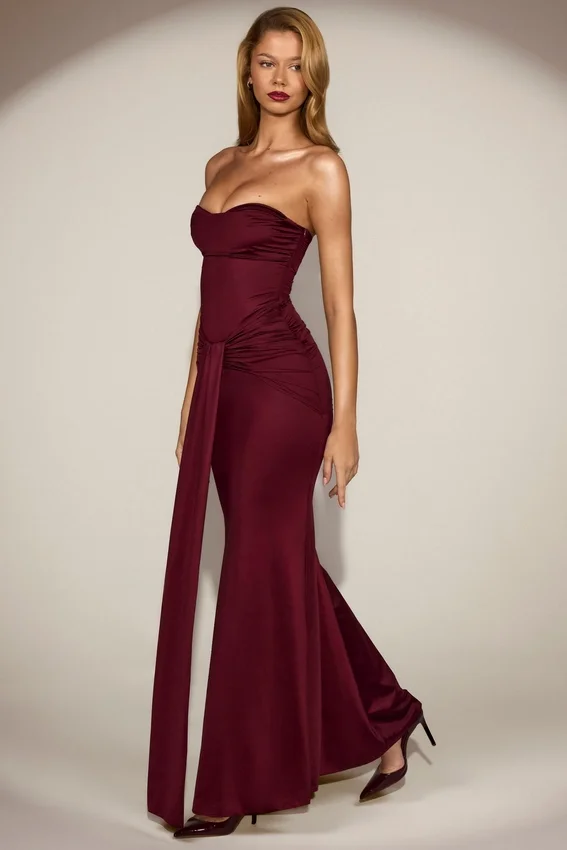 Aisra Satin Peekaboo Bandeau Draped Gown in Wine Red Aisra Satin Peekaboo Bandeau Draped Gown in Wine Red
