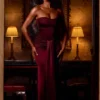 Aisra Satin Peekaboo Bandeau Draped Gown in Wine Red Aisra Satin Peekaboo Bandeau Draped Gown in Wine Red
