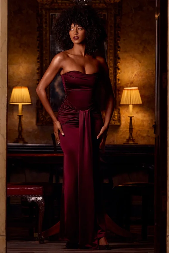 Aisra Satin Peekaboo Bandeau Draped Gown in Wine Red Aisra Satin Peekaboo Bandeau Draped Gown in Wine Red