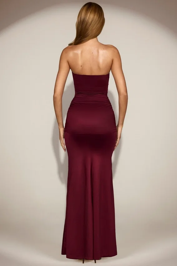 Aisra Satin Peekaboo Bandeau Draped Gown in Wine Red Aisra Satin Peekaboo Bandeau Draped Gown in Wine Red