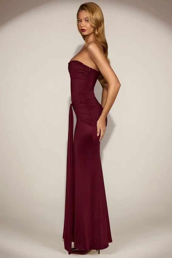 Aisra Satin Peekaboo Bandeau Draped Gown in Wine Red Aisra Satin Peekaboo Bandeau Draped Gown in Wine Red
