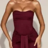 Aisra Satin Peekaboo Bandeau Draped Gown in Wine Red Aisra Satin Peekaboo Bandeau Draped Gown in Wine Red