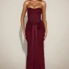 Aisra Satin Peekaboo Bandeau Draped Gown in Wine Red Aisra Satin Peekaboo Bandeau Draped Gown in Wine Red