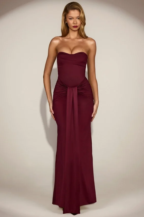 Aisra Satin Peekaboo Bandeau Draped Gown in Wine Red Aisra Satin Peekaboo Bandeau Draped Gown in Wine Red