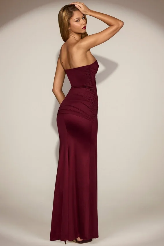 Aisra Satin Peekaboo Bandeau Draped Gown in Wine Red Aisra Satin Peekaboo Bandeau Draped Gown in Wine Red