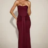 Aisra Satin Peekaboo Bandeau Draped Gown in Wine Red Aisra Satin Peekaboo Bandeau Draped Gown in Wine Red