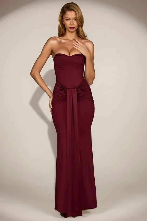 Aisra Satin Peekaboo Bandeau Draped Gown in Wine Red Aisra Satin Peekaboo Bandeau Draped Gown in Wine Red