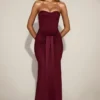 Aisra Satin Peekaboo Bandeau Draped Gown in Wine Red Aisra Satin Peekaboo Bandeau Draped Gown in Wine Red