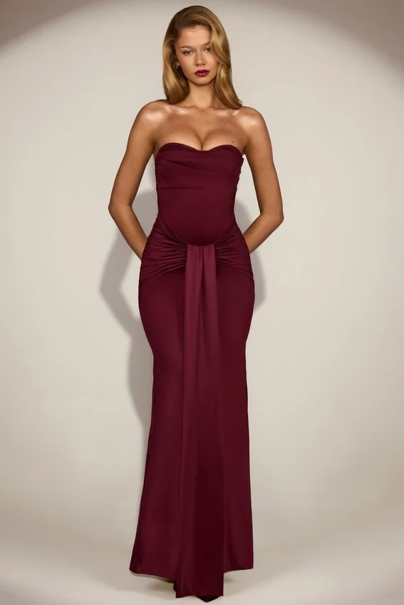 Aisra Satin Peekaboo Bandeau Draped Gown in Wine Red Aisra Satin Peekaboo Bandeau Draped Gown in Wine Red