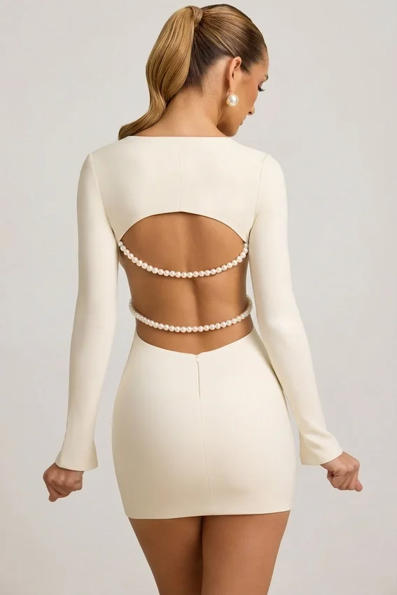 Akari Pearl-Detail Cut-Out Mini Dress in Ivory Akari Pearl-Detail Cut-Out Mini Dress in Ivory