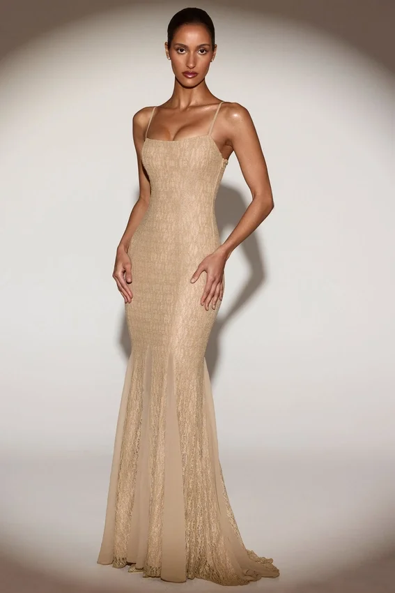Alabelle Metallic Lace Godet Fishtail Gown in Gold Alabelle Metallic Lace Godet Fishtail Gown in Gold