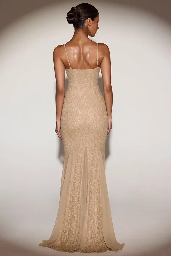 Alabelle Metallic Lace Godet Fishtail Gown in Gold Alabelle Metallic Lace Godet Fishtail Gown in Gold