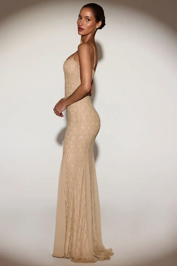 Alabelle Metallic Lace Godet Fishtail Gown in Gold Alabelle Metallic Lace Godet Fishtail Gown in Gold