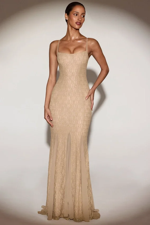 Alabelle Metallic Lace Godet Fishtail Gown in Gold Alabelle Metallic Lace Godet Fishtail Gown in Gold
