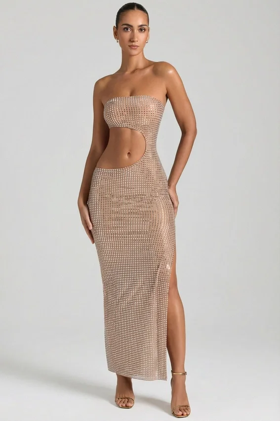 Alamea Embellished Cut-Out Bandeau Maxi Dress in Honey Alamea Embellished Cut-Out Bandeau Maxi Dress in Honey