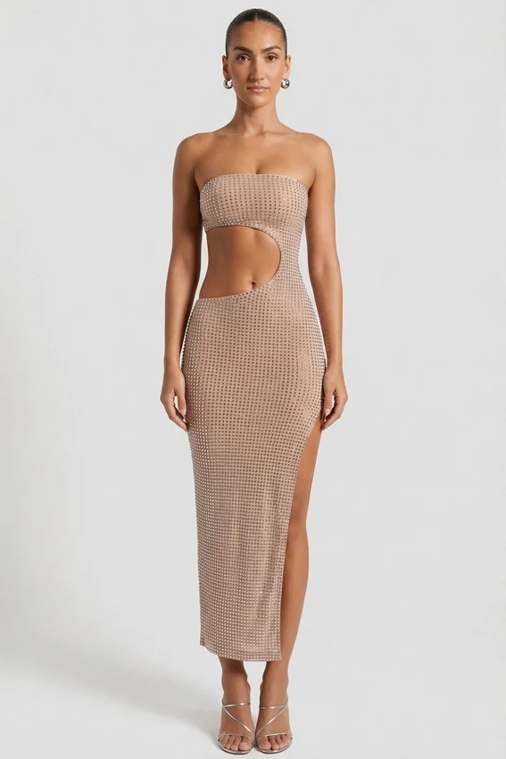 Alamea Embellished Cut-Out Bandeau Maxi Dress in Honey Alamea Embellished Cut-Out Bandeau Maxi Dress in Honey