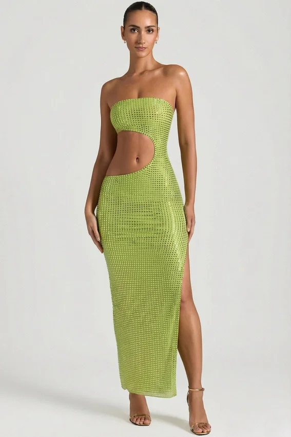 Alamea Embellished Cut-Out Bandeau Maxi Dress in Pear Green Alamea Embellished Cut-Out Bandeau Maxi Dress in Pear Green