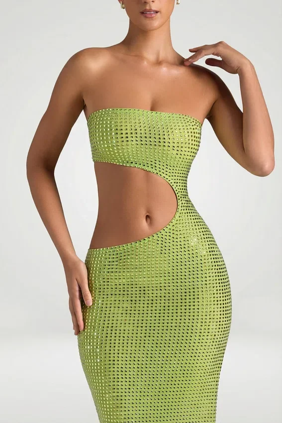 Alamea Embellished Cut-Out Bandeau Maxi Dress in Pear Green Alamea Embellished Cut-Out Bandeau Maxi Dress in Pear Green