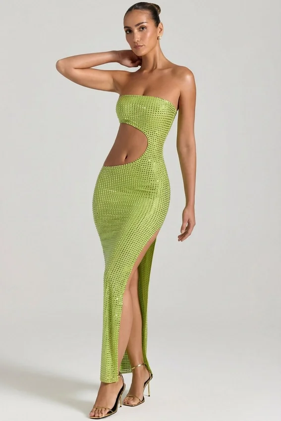 Alamea Embellished Cut-Out Bandeau Maxi Dress in Pear Green Alamea Embellished Cut-Out Bandeau Maxi Dress in Pear Green