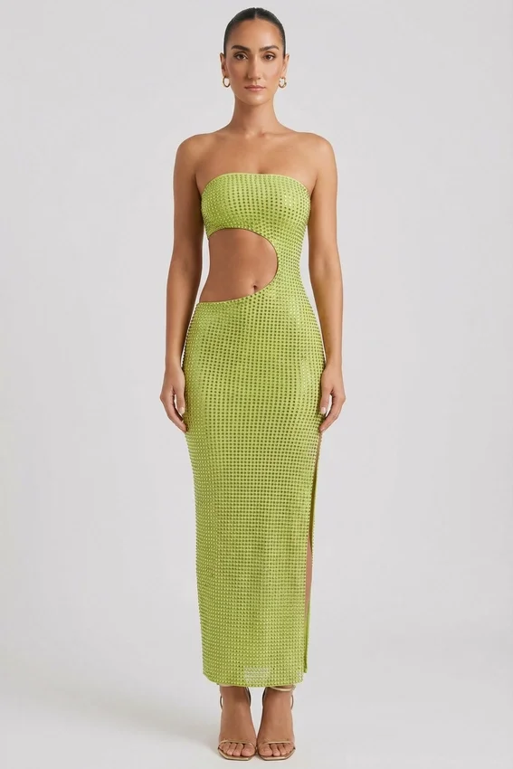 Alamea Embellished Cut-Out Bandeau Maxi Dress in Pear Green Alamea Embellished Cut-Out Bandeau Maxi Dress in Pear Green