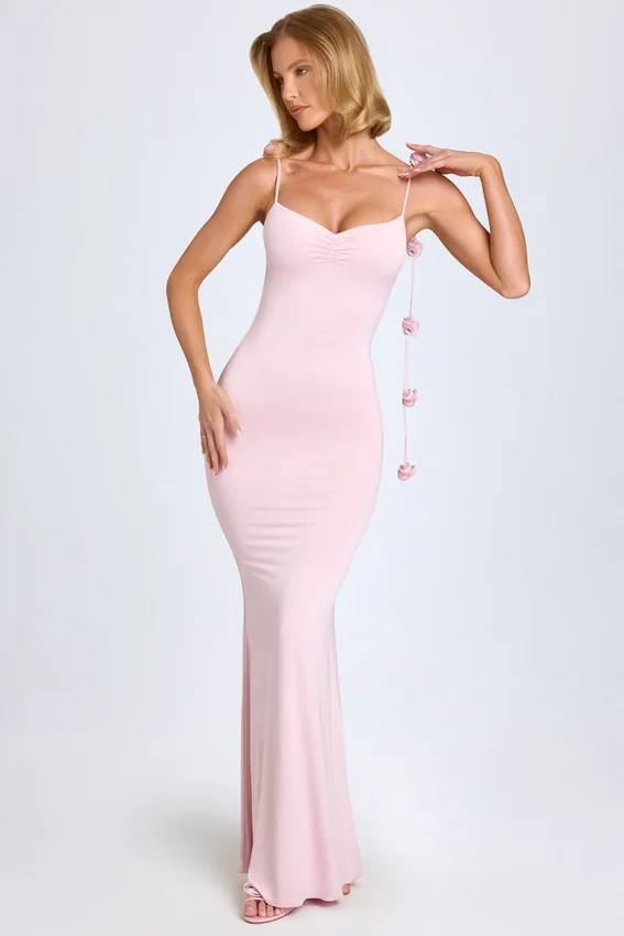 Aldona Slinky Jersey Floral-Appliqué Gown in Blush Aldona Slinky Jersey Floral-Appliqué Gown in Blush