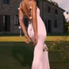Aldona Slinky Jersey Floral-Appliqué Gown in Blush Aldona Slinky Jersey Floral-Appliqué Gown in Blush