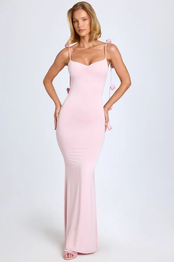 Aldona Slinky Jersey Floral-Appliqué Gown in Blush Aldona Slinky Jersey Floral-Appliqué Gown in Blush