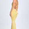 Aldona Slinky Jersey Floral-Appliqué Gown in Pastel Yellow Aldona Slinky Jersey Floral-Appliqué Gown in Pastel Yellow