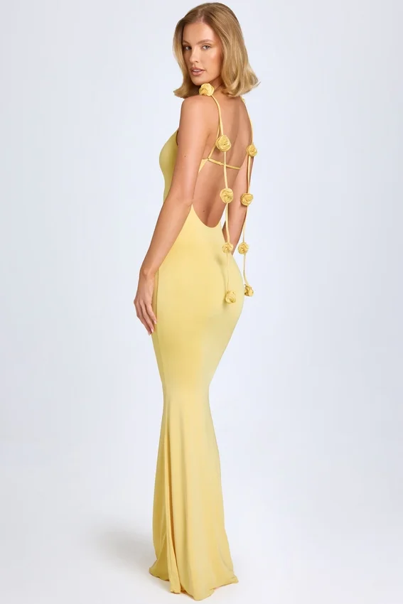 Aldona Slinky Jersey Floral-Appliqué Gown in Pastel Yellow Aldona Slinky Jersey Floral-Appliqué Gown in Pastel Yellow