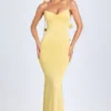 Aldona Slinky Jersey Floral-Appliqué Gown in Pastel Yellow Aldona Slinky Jersey Floral-Appliqué Gown in Pastel Yellow