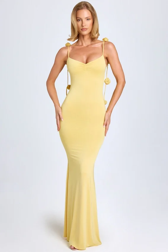 Aldona Slinky Jersey Floral-Appliqué Gown in Pastel Yellow Aldona Slinky Jersey Floral-Appliqué Gown in Pastel Yellow