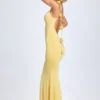 Aldona Slinky Jersey Floral-Appliqué Gown in Pastel Yellow Aldona Slinky Jersey Floral-Appliqué Gown in Pastel Yellow