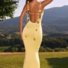 Aldona Slinky Jersey Floral-Appliqué Gown in Pastel Yellow Aldona Slinky Jersey Floral-Appliqué Gown in Pastel Yellow