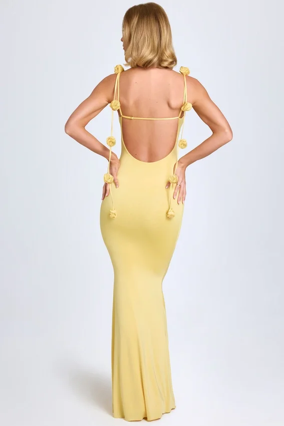 Aldona Slinky Jersey Floral-Appliqué Gown in Pastel Yellow Aldona Slinky Jersey Floral-Appliqué Gown in Pastel Yellow
