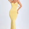 Aldona Slinky Jersey Floral-Appliqué Gown in Pastel Yellow Aldona Slinky Jersey Floral-Appliqué Gown in Pastel Yellow