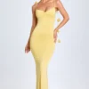Aldona Slinky Jersey Floral-Appliqué Gown in Pastel Yellow Aldona Slinky Jersey Floral-Appliqué Gown in Pastel Yellow