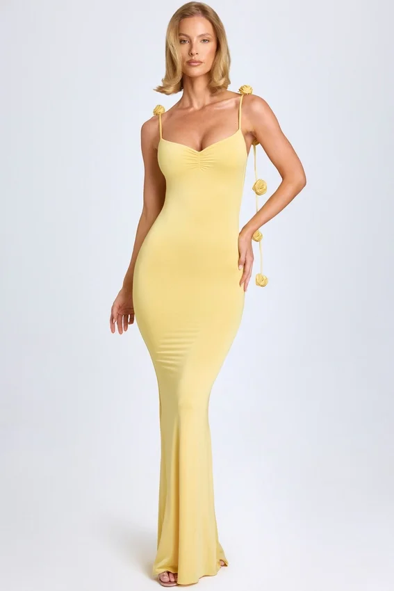 Aldona Slinky Jersey Floral-Appliqué Gown in Pastel Yellow Aldona Slinky Jersey Floral-Appliqué Gown in Pastel Yellow