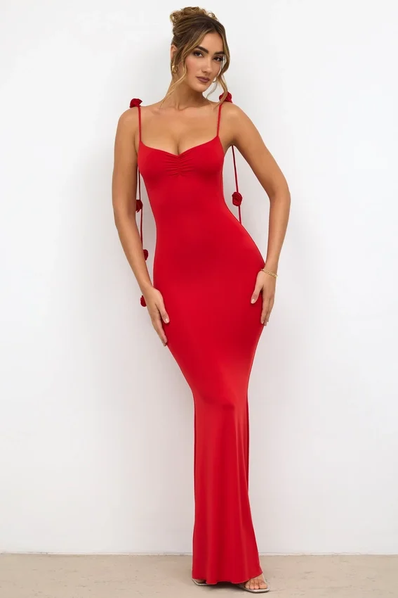 Aldona Slinky Jersey Rose Detail Evening Gown in Scarlet Red Aldona Slinky Jersey Rose Detail Evening Gown in Scarlet Red