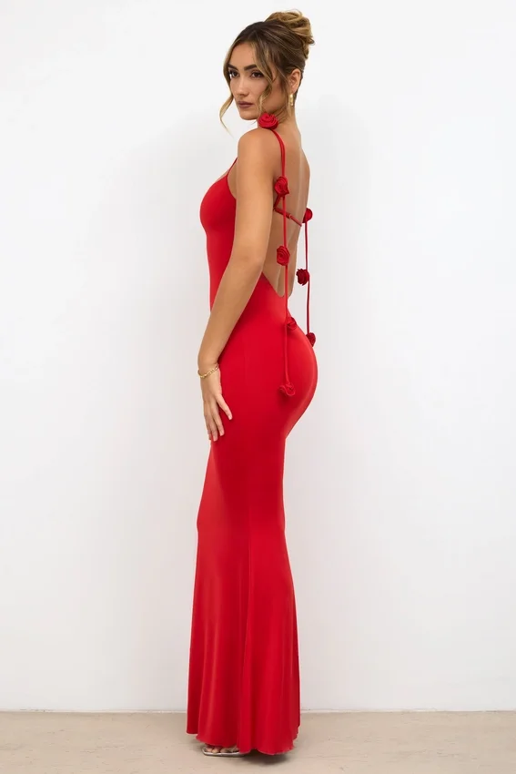 Aldona Slinky Jersey Rose Detail Evening Gown in Scarlet Red Aldona Slinky Jersey Rose Detail Evening Gown in Scarlet Red