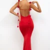 Aldona Slinky Jersey Rose Detail Evening Gown in Scarlet Red Aldona Slinky Jersey Rose Detail Evening Gown in Scarlet Red